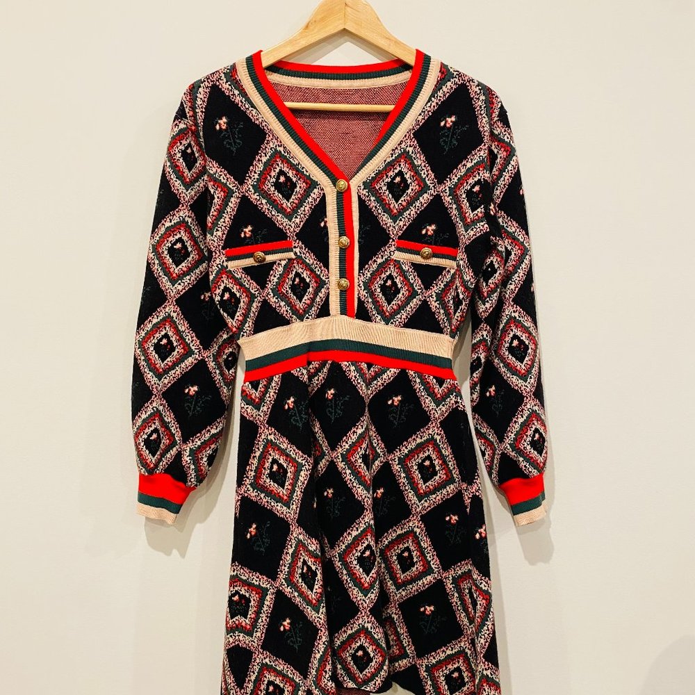 Patterned, elastic waist, winter midi dress